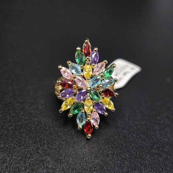Rainbow Marquise Cluster Statement Ring – Gold Plated, Size 6 - Picture 2 of 6